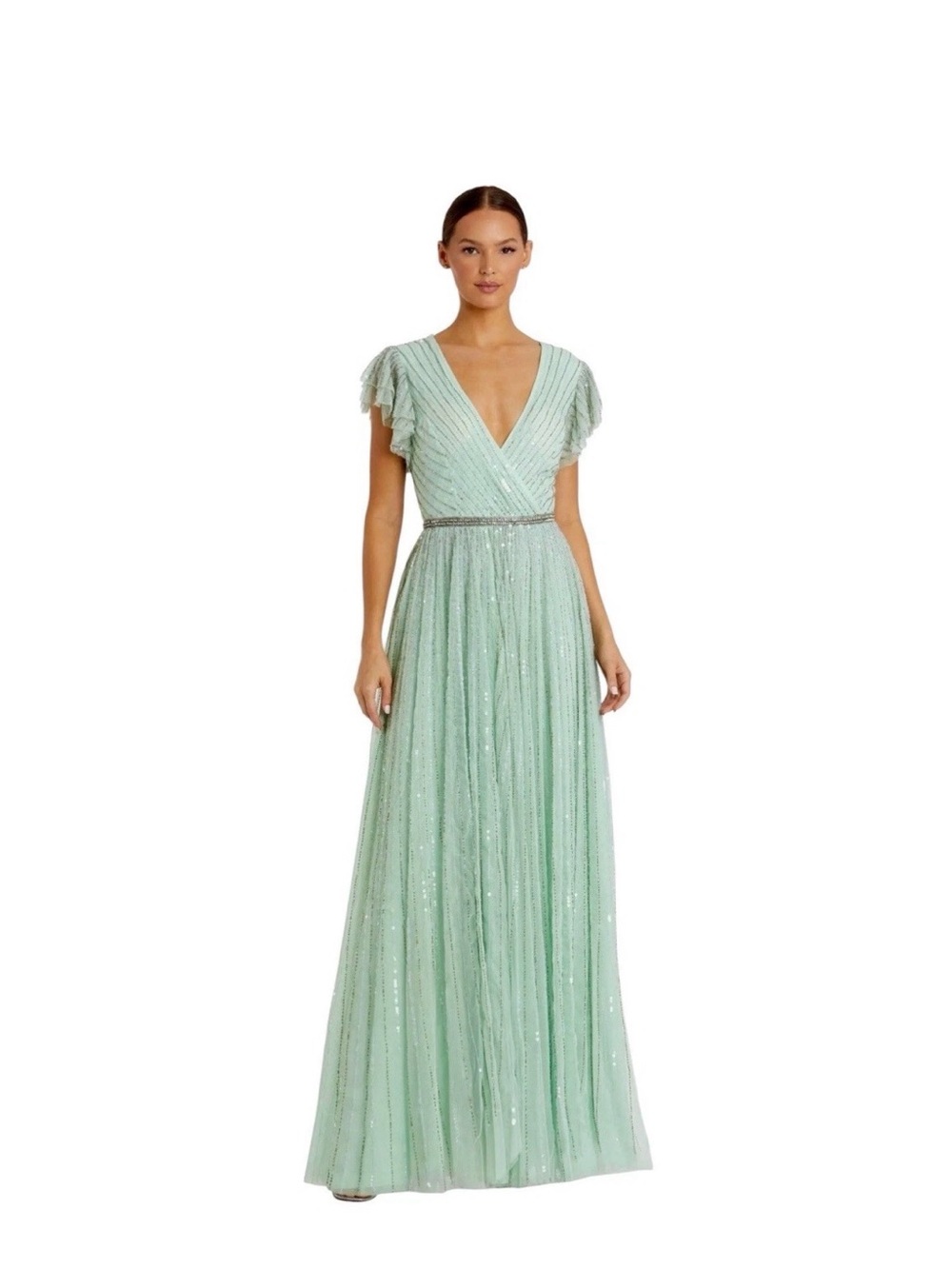 Mac Duggal Mint Green Sequin V-Neck Evening Gown